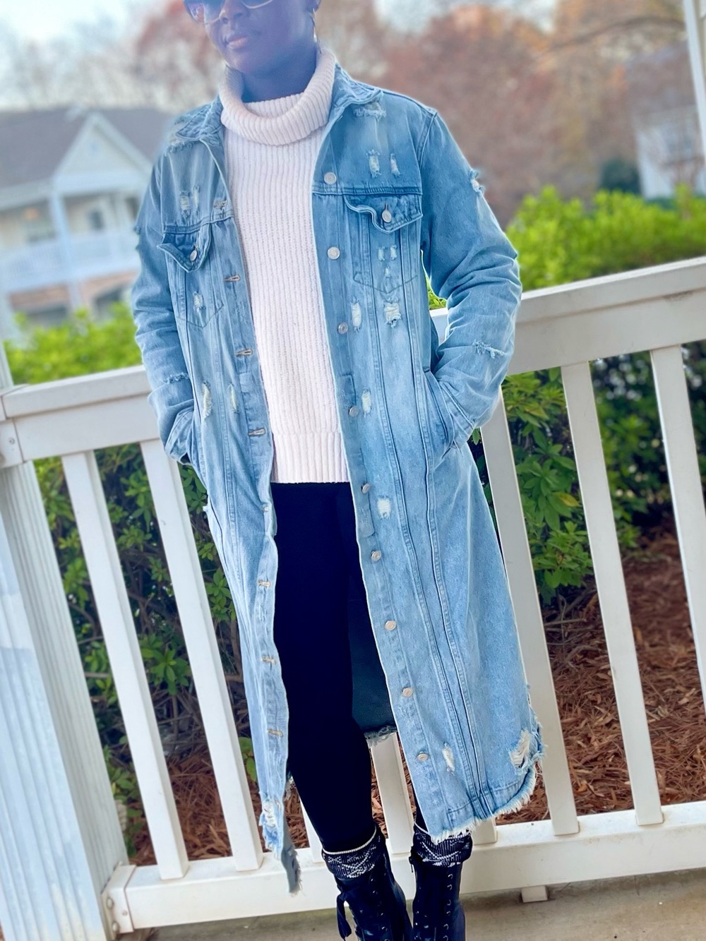 Long Distressed Denim Jean Jacket - Light Blue